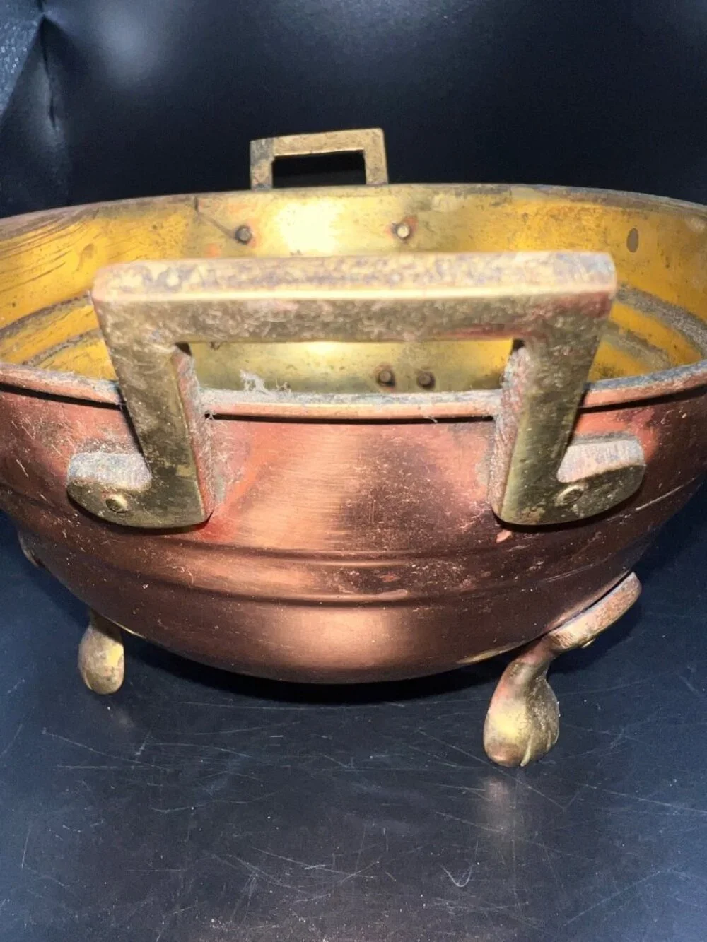 Vintage Copper & Brass Colander Bowl Handles Three Feet Rustic Perforated Patina